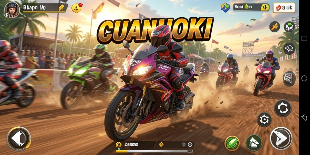 Tampilan screenshot gameplay CUANHOKI saat balapan motor yang seru.